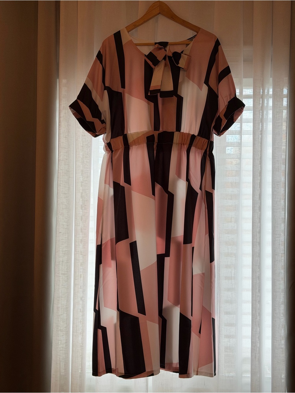 Girls Pink Geometric Tie-Neck Dress